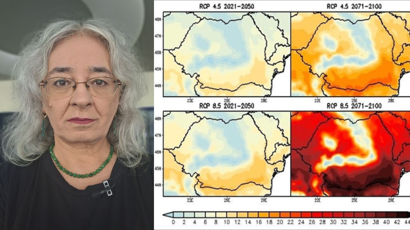 Modificările sezoniere relative ale numărului de zile cu indicele de confort THI ≥80 pentru mai-septembrie în perioada 2021-2050 (coloana din stânga) și 2071-2100 (coloana din dreapta), în scenariile RCP45 (rândul superior) și RCP85 (rândul inferior) comparativ cu anul 1971-2000, pe baza simulărilor EURO-CORDEX a patru modele climatice regionale (media celor patru modele) (Velea și Bojariu, 2018).”